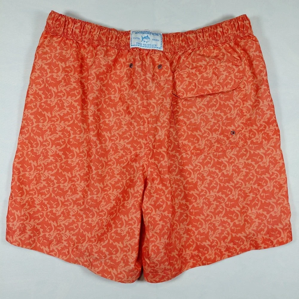 Southern Tide Skipjack Water Shorts Mens Medium Orange Fish Print Swim Trunks